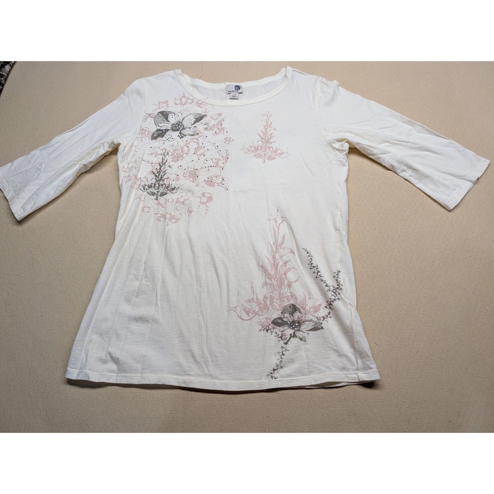 One World Women's T Shirt Size Large Cream With Prints Gray & Pink Long Sleeve
